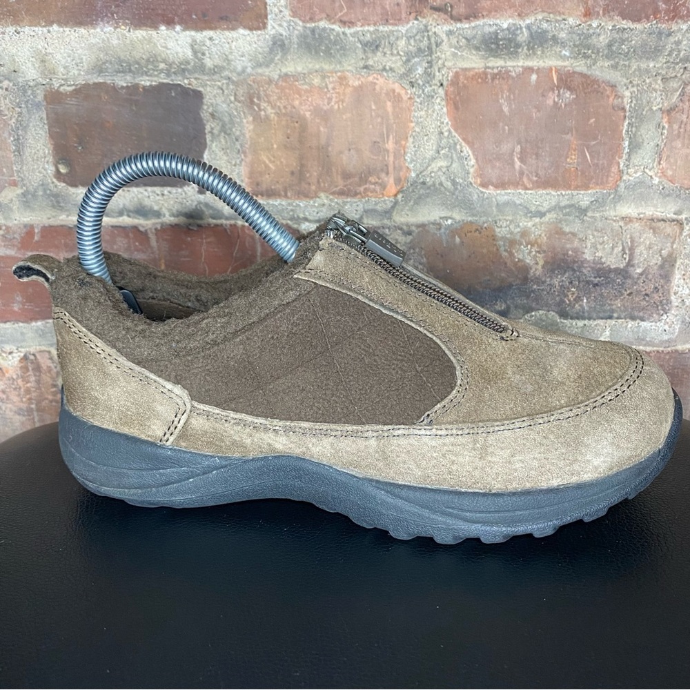 LL Bean Brown Zip Loafers Women's Size 6 Shoes Quilted Fleece Suede Slip-Ons
